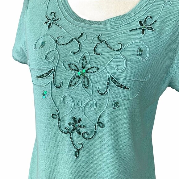 Requirements Fine Knit Beaded Sweater Women Size 8 Aqua Cap Sleeve - Picture 5 of 7